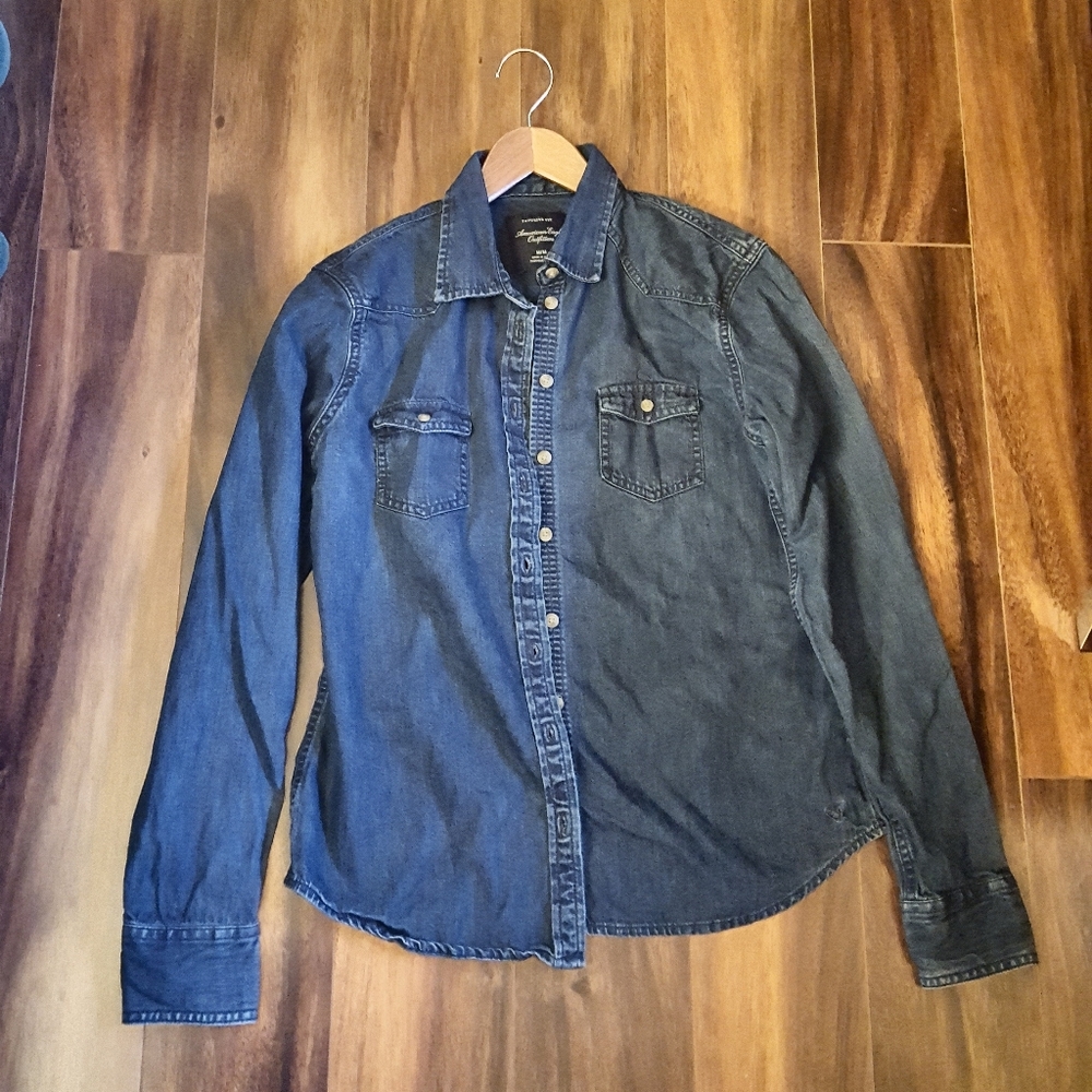 Dark Wash Denim Western Button-Up Collared Shirt